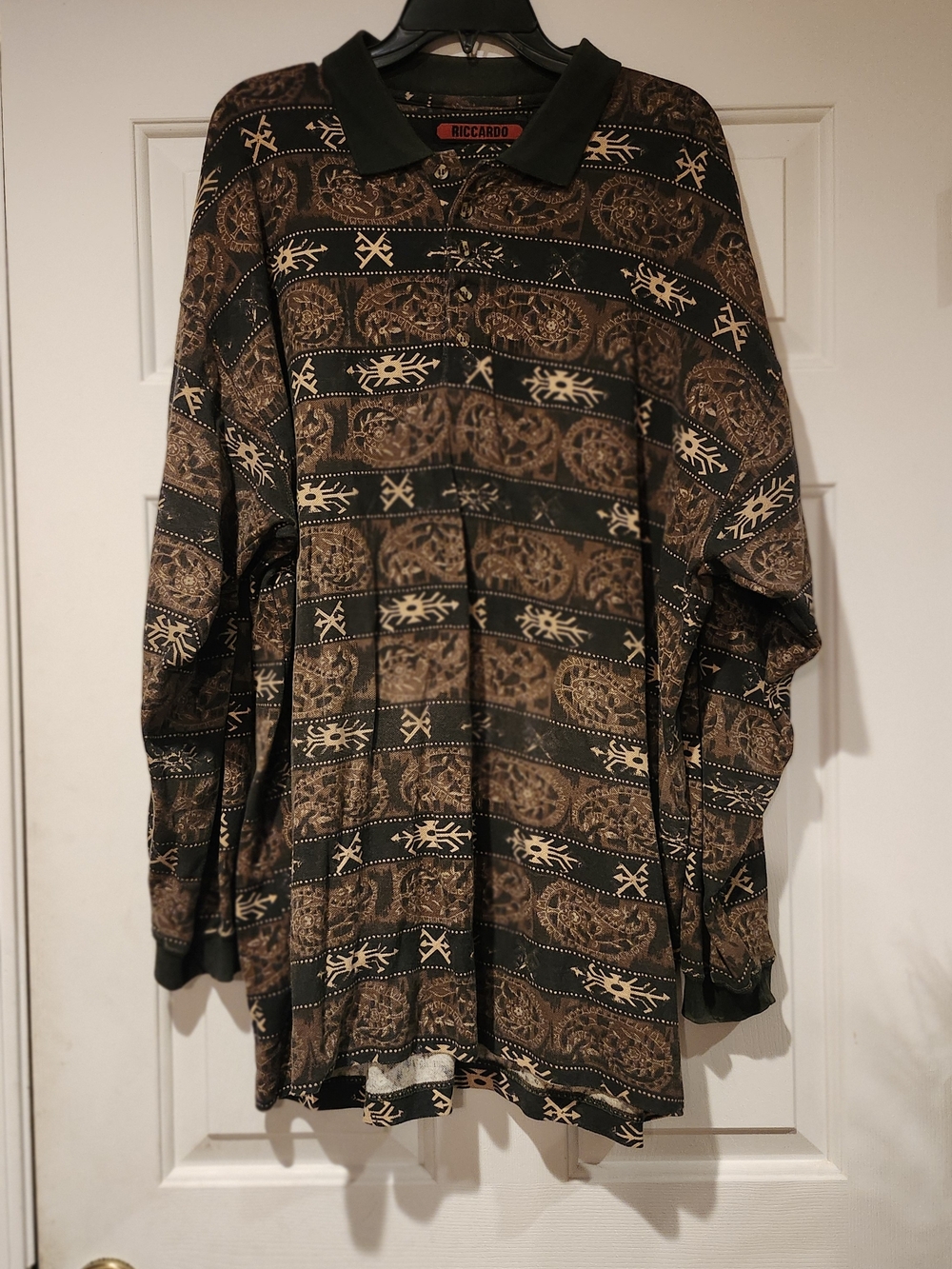 Vintage 90's Riccardo Brown & Black Geometric Long Sleeve Polo